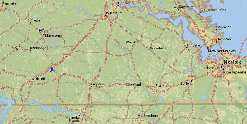 the OTB parlor in Alberta (blue X) was placed in rural Southside Virginia, far from where OTB customers live or work... but on I-85, easy for North Carolinia residents to access