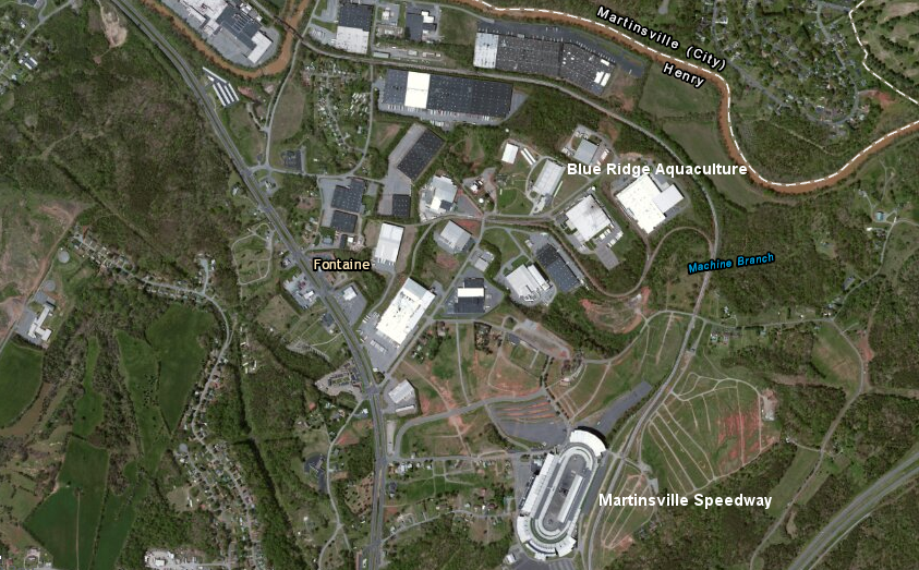 Blue Ridge Aquaculture, the largest aquaculture operation in Virginia until development of Pure Salmon, is located far from the Chesapeake Bay in an industrial park near the Martinsville  Speedway