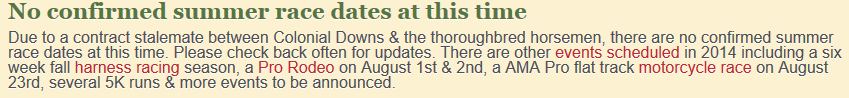 Colonial Downs advertised harness racing and events other than horse races in 2014