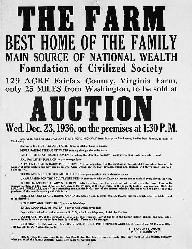Fairfax farms were sold in the Great Depression