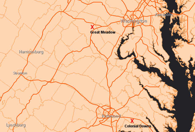 the Great Meadow steeplechase racetrack (home of the Gold Cup) is near I-66 and convenient for the Northern Virginia population, while the Colonial Downs thoroughbred/harness racetrack was located on I-64 to attract customers from Richmond/Hampton Roads