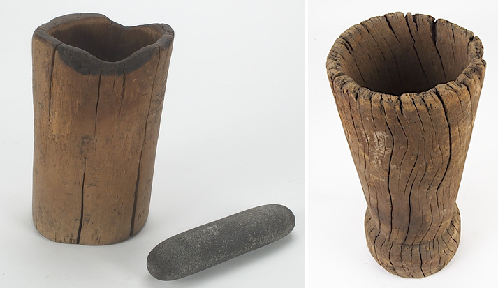 Native Americans and early colonists ground grains and nuts into flour with wood mortars and stone (or wood) pestles