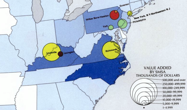 in 1963 bright tobacco processing was concentrated in the Richmond Standard Metropolitan Statistical Area (SMSA), burley tobacco processing in Louisville, and cigar leaf wrapper processing in Pennsylvania