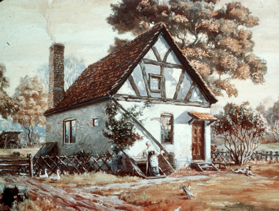 in 1680, Jamestown's frame houses resembled Tudor homes in England and were not log cabins
