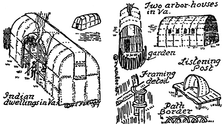 Native Americans used branches, bark, and reeds to create yi-hakins, longhouses, and other structures