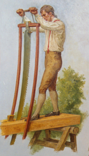some sawmills in the colonial era were powered by windmills and water wheels, but much of the lumber used in construction was cut by hand