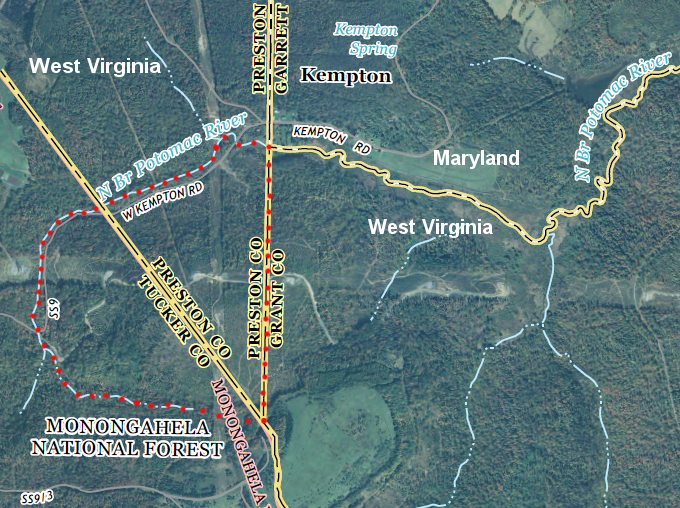 the Potomac River curls west and north of the Fairfax Stone, and the Supreme Court determined in 1910 that Maryland's border started north of the Fairfax Stone (leaving land within red dotted line in West Virginia)
