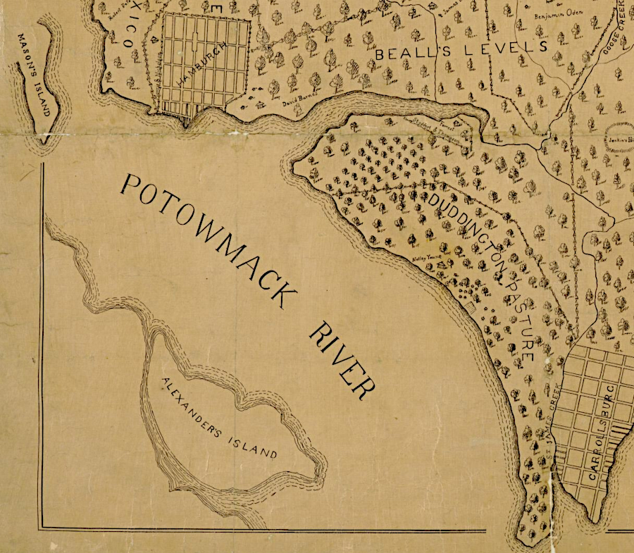 Alexander's Island was separated by marsh/mudflat from the Virginia shoreline, but it was not part of Maryland and not in that state's cession in 1792