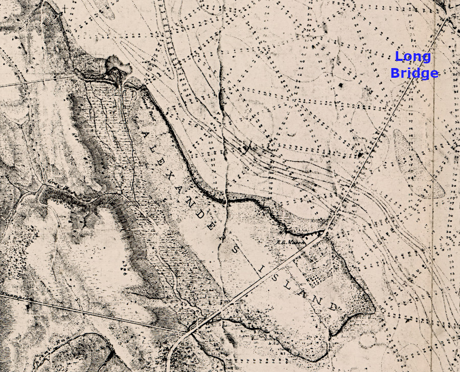 Alexander's Island around 1837, with Long Bridge crossing the Potomac River