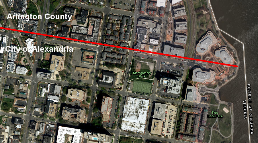 in 1923, Alexandria's boundary on the Potomac River waterfront stopped at First Street and did not extend to Four Mile Run