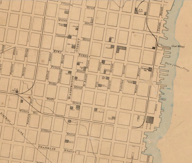 docks were built into the river from the shoreline, then the spaces between the docks were filled in