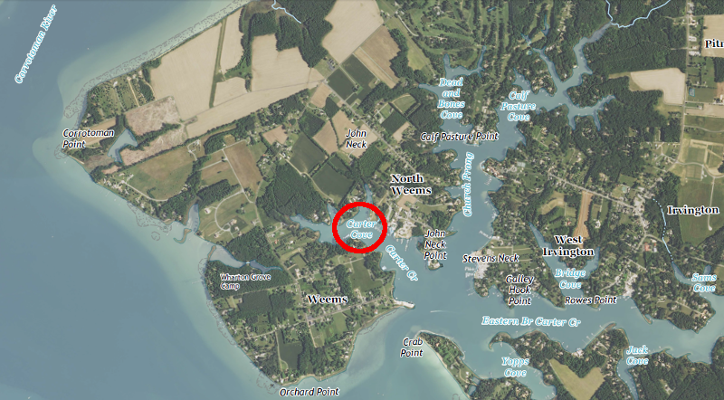 the submerged bed of Carter Cove became private property when grants were issued in 1642, as confirmed by a 1983 decision of the Virginia Supreme Court