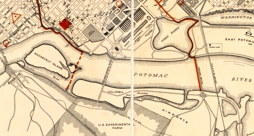 the elevation of Columbia Island was raised in the 1920's, using dredge spoils from the Potomac River