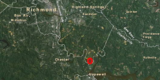 Curles Creek is located north of the James River, near Bermuda Hundred on the southern side