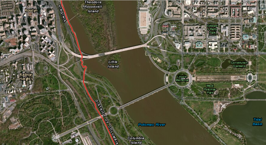 the boundary between Virginia-DC is the shoreline - except in places where the shoreline has been altered by adding dirt on the DC side of the 1791 boundary