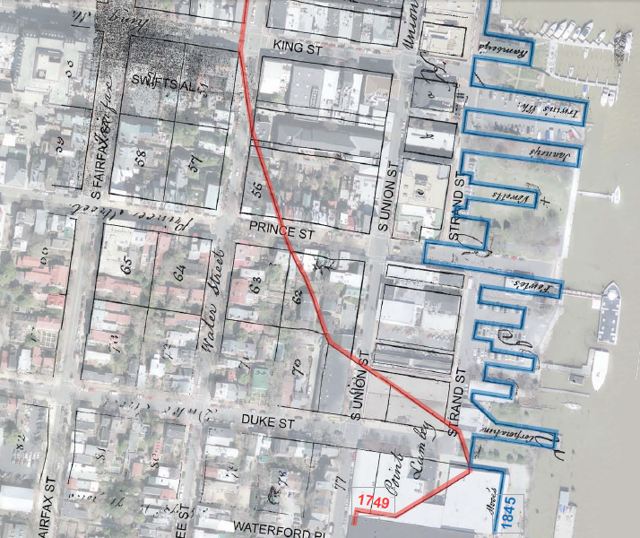 by 1845, wharves (blue) stretched far beyond the 1791 Alexandria shoreline (red)