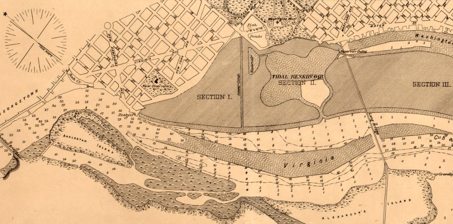 most dredge spoils from the Georgetown Channel were deposited on the north bank of the Potomac River