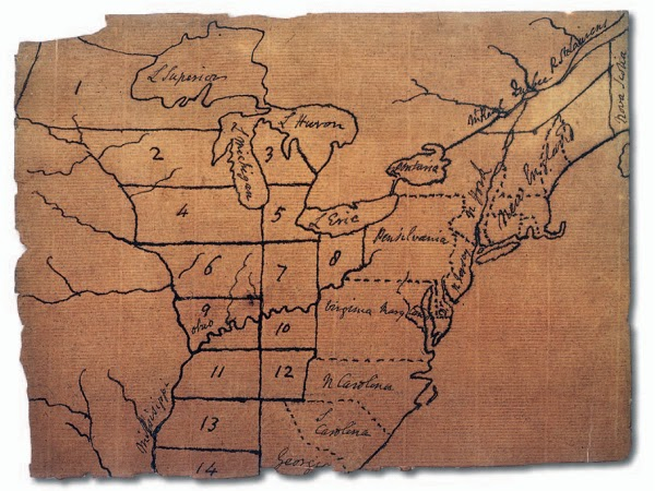 Thomas Jefferson proposed shrinking the size of Virginia, dividing Kentucky in half, and creating many small states out of the western lands acquired in 1783