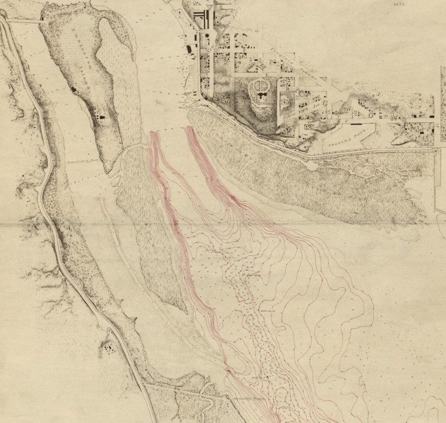 sediments clogged the river channel and settled on the Potomac Flats