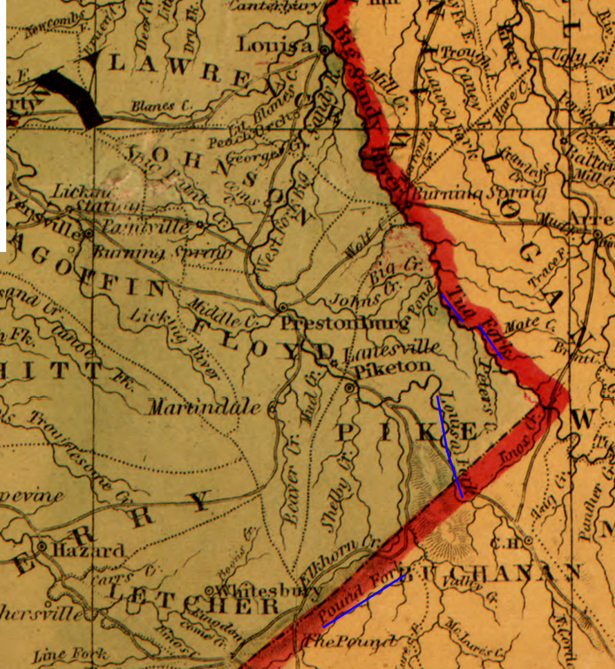 the Pound Fork flows into the Russell Fork before flowing across the Kentucky-Virginia border like the Levisa (Louisa) Fork, while the Tug Fork defines the Kentucky-West Virginia and Kentucky-Virginia borders