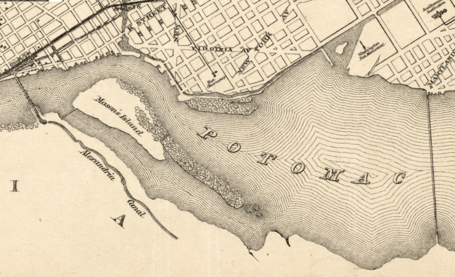 silt deposited at the southern tip has expanded the length of Mason's Island, now called Theodore Roosevelt Island