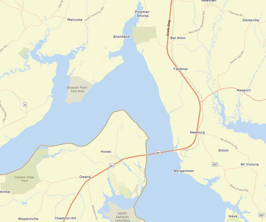 all of the US 301 bridge across the Potomac River is in Maryland, except for the approach ramp in King George County