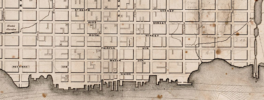 the shoreline in 1845 is today covered by The Strand along the modern Alexandria waterfront