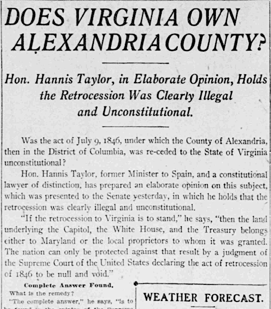 in 1910, the US congress considered reclaiming the portion of Virginia which had been retroceded