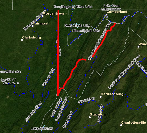 how Maryland would have been enlarged and Virginia (mostly West Virginia now...) would have been reduced, if the headspring at the South Branch of Potomac River had been chosen in 1736