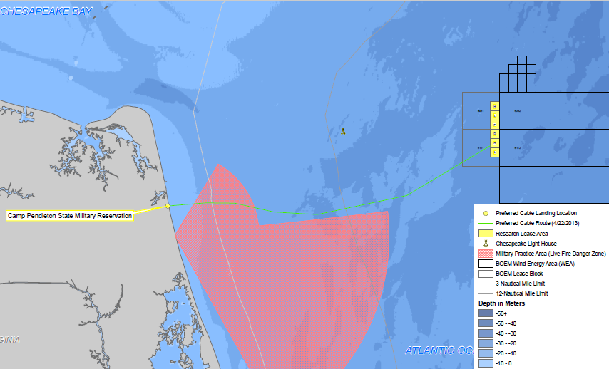 the Virginia Offshore Wind Technology Advancement Project included bringing electricity generated by offshore wind turbines to the onshore grid via submarine cables, and in 2015 the Virginia Marine Resources Commission leased submerged land under state control for the buried powerline (green line) at $3.00 per linear foot