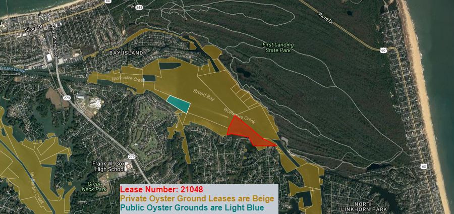 Virginia Beach acquired Lease #21048 for oyster restoration in Broad Bay