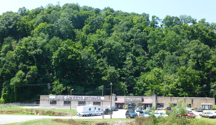 the cave at Dixie Caverns, found thanks to a search for a dog named Dixie, is in the hill behind the entrance
