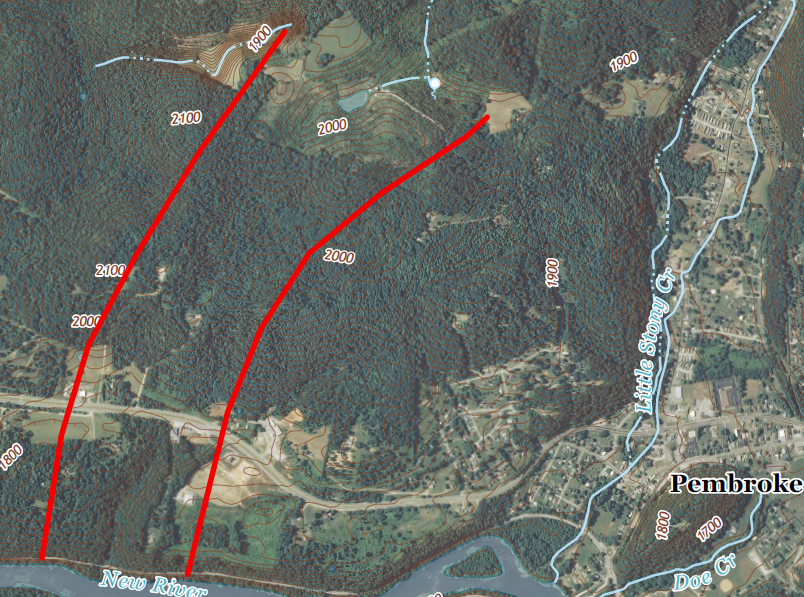 potential location of cave system with no surface opening, near Pembroke (Giles County)