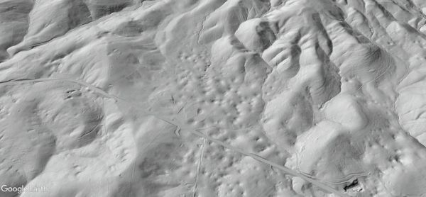 sinkholes are depressions in the surface created when limestone/dolomite dissolves underground, as shown in this LIDAR image of land next to US 460 in Giles County