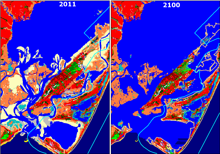 projected impact of sea level rising 0.7meters (2.3 feet) by 2100