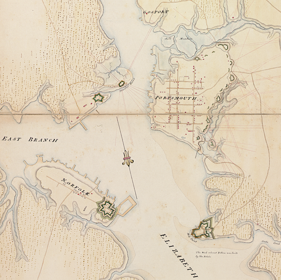 the British built forts on the Elizabeth River in 1780-81 to protect their base at Portsmouth (north is towards bottom of map)