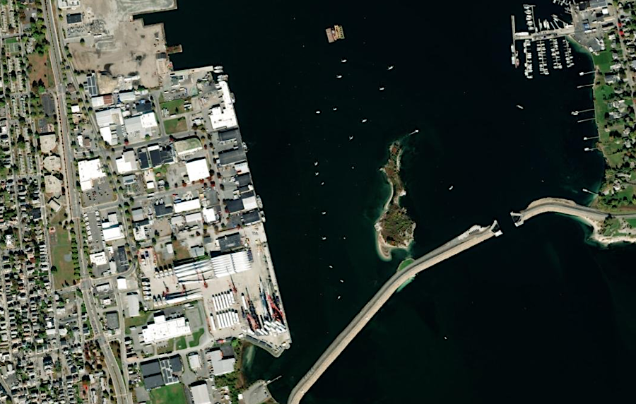 the surge protection barrier at Bedford, Massachusetts includes an opening for boats to access the harbor
