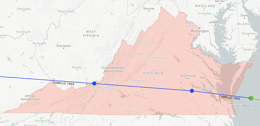 as Camille moved from Virginia into the Gulf Stream, it increased in intensity from a tropical depression (blue) to a tropical storm (green)