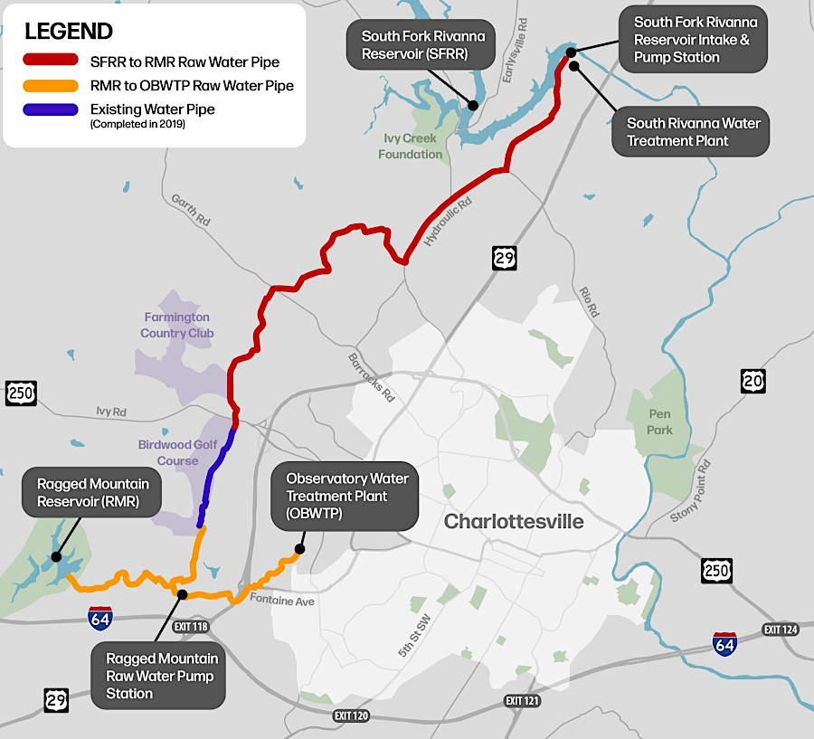 Charlottsville built a 6.5 mile pipeline in 2026 to connect the South Fork Rivanna Reservoir to the Ragged Mountain Reservoir
