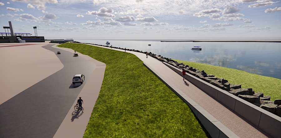 the Harbor Park Levee, planned to terminate at the casino, would include a trail on the top