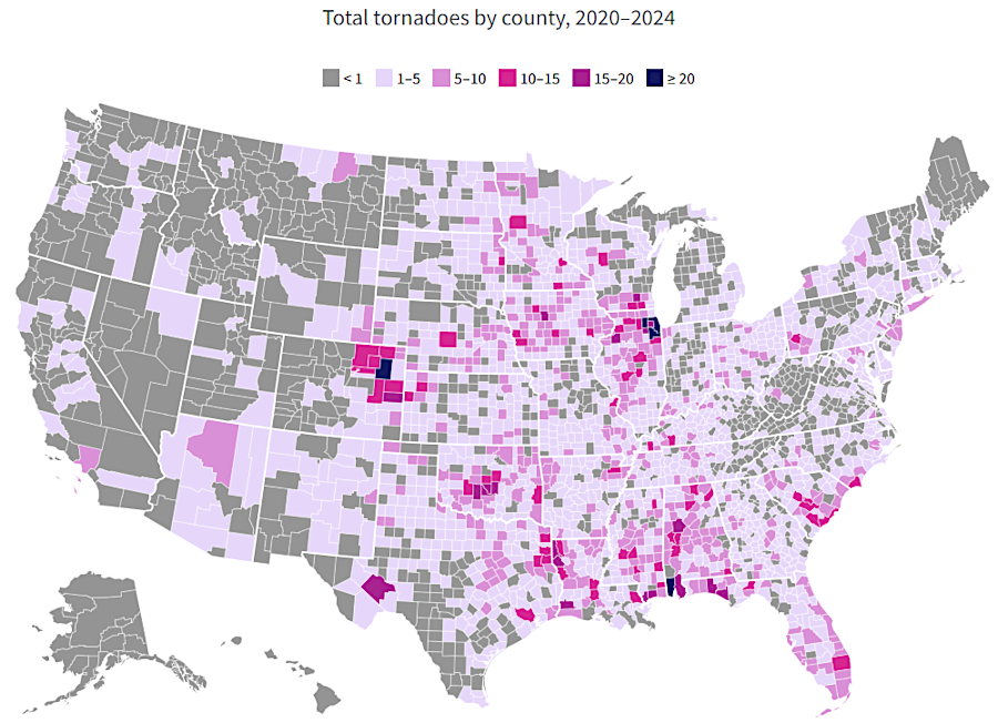 between 2020-2024, tornadoes strick Lee County, Virginia Beach, Faifac County, and multiple places in-between