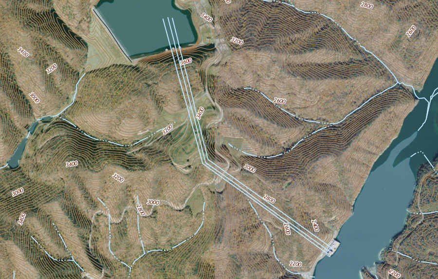 the six turbines are located in the powerhouse where three penstocks reach the lower reservoir
