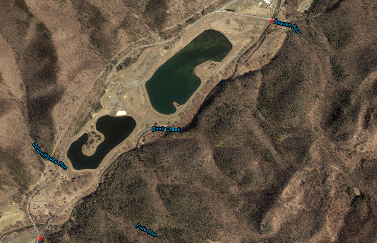 two recreational ponds offer warmwater fishing, and 1.5 miles of Back Creek (between red asterisks) is designated as Delayed Harvest Waters for trout