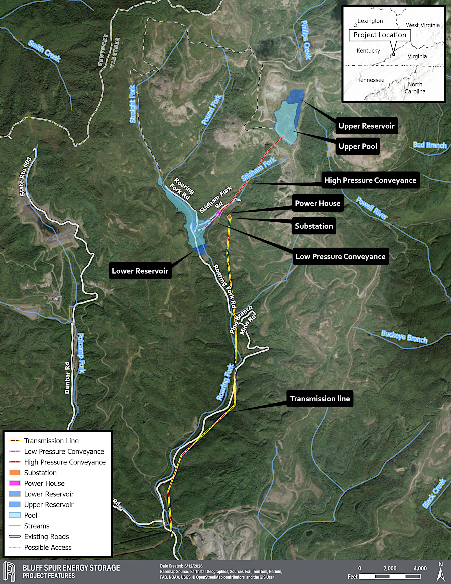 the Bluff Spur pumped hydro project in Wise County would be located within the Roaring Fork watershed