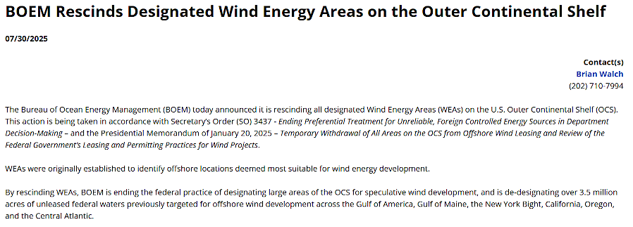 in a four-sentence announcement on July 30, 2025, the Federal government killed new offshore wind projects - but the Coastal Virginia Offshore Wind project survived