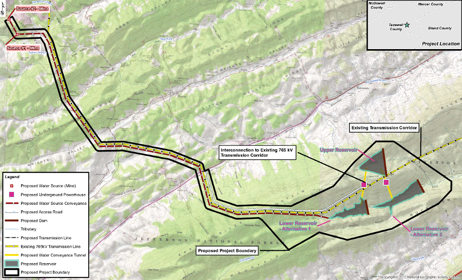 the Tazewell Hybrid Center pumped storage project near East River Mountain would rely upon water from flooded mines near the West Virginia border