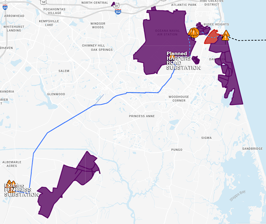 the Coastal Virginia Offshore Wind (CVOW) project stretched inland to the Fentress substation