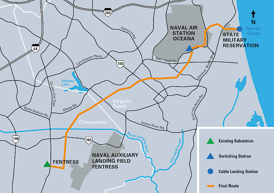 transmission lines needed to carry 2,600 MW from the offshore turbines to the State Military Reservation/Camp Pendleton, then to Fentress Substation