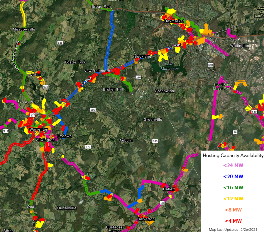 Dominion Energy has excess transmission capacity that varies in different areas, and no excess capacity in places without a line on the map