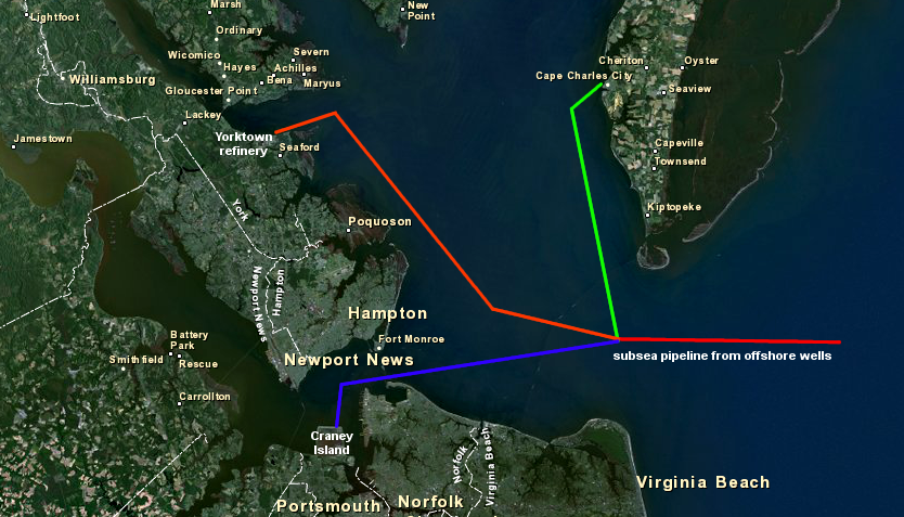 oil from the Outer Continental Shelf could be barged to existing refineries on the Delaware River, or a new subsea pipeline could bring that oil to a new Virginia refinery